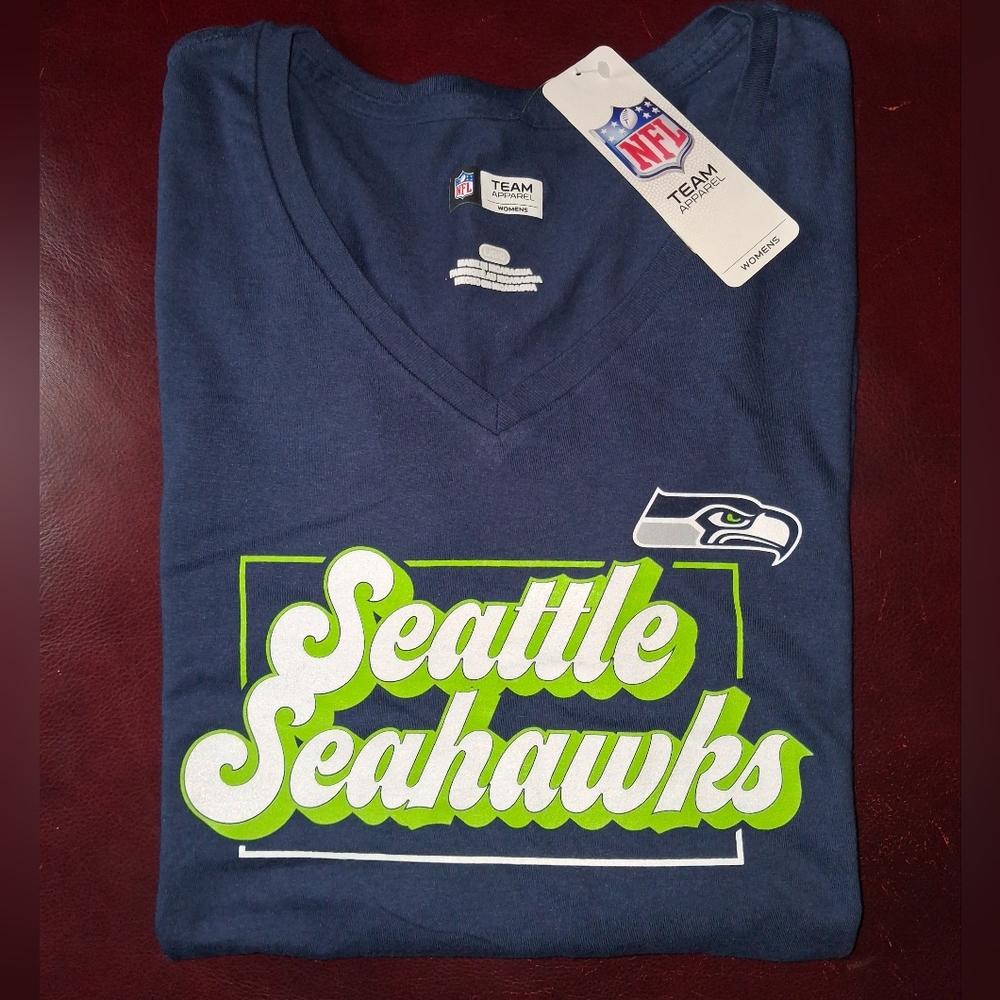 NFL Seattle Seahawks Women's Navy & Lime Sparkly V-Neck T-Shirt Size Large